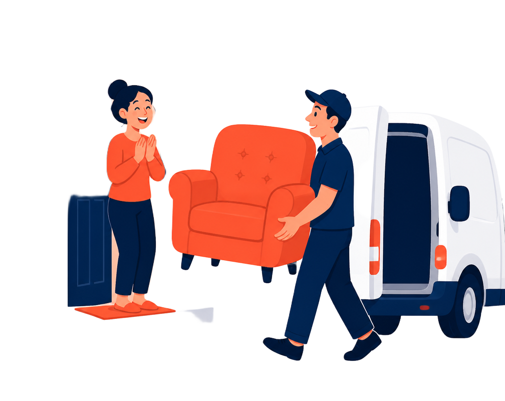 A delivery driver handing over an armchair to a delighted customer at their front door.