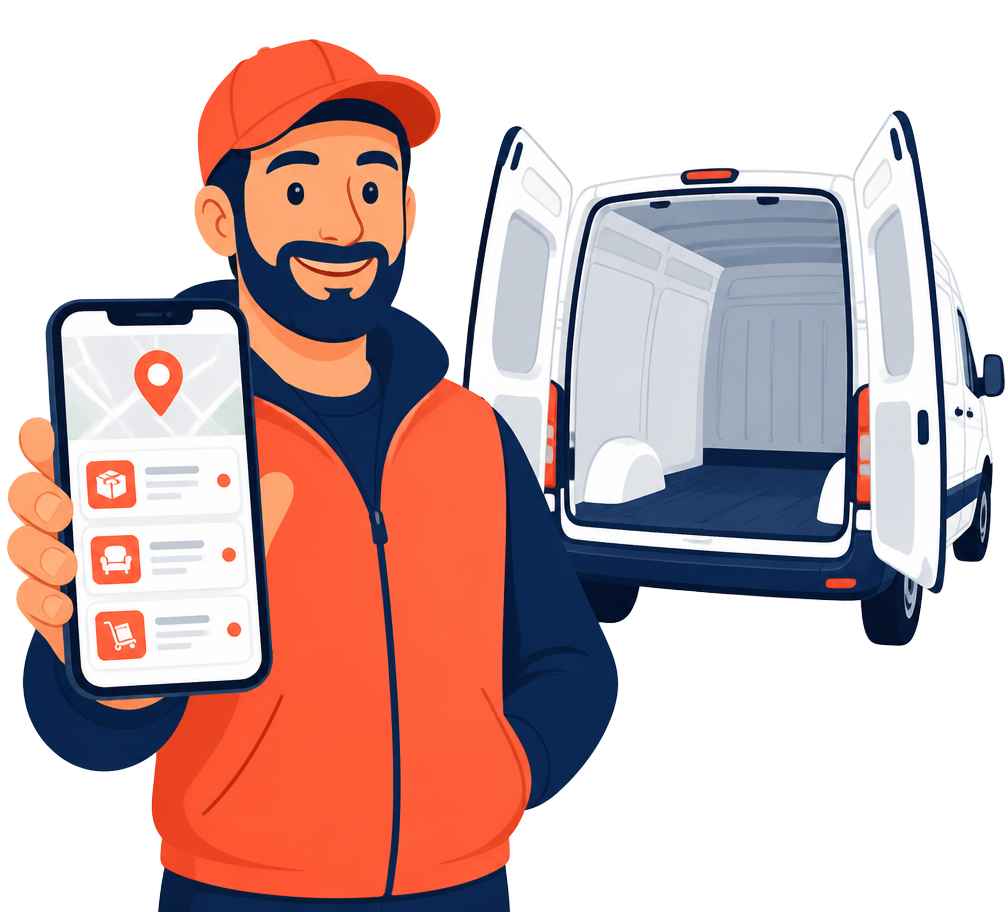A van driver holding a phone showing nearby delivery jobs, with their van's spare load space behind them.
